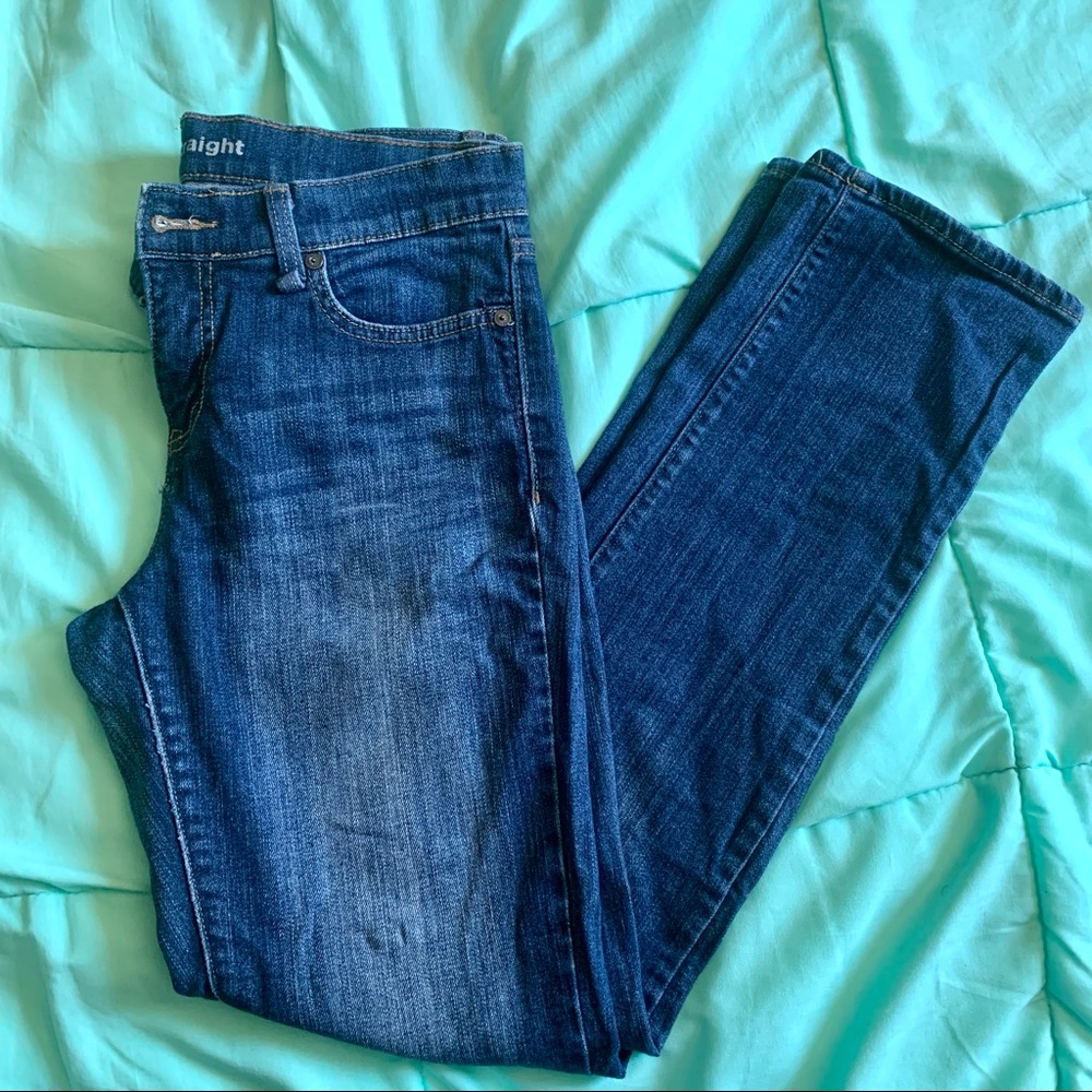 High Waist Medium Wash Straight Leg Stretch Denim Jean